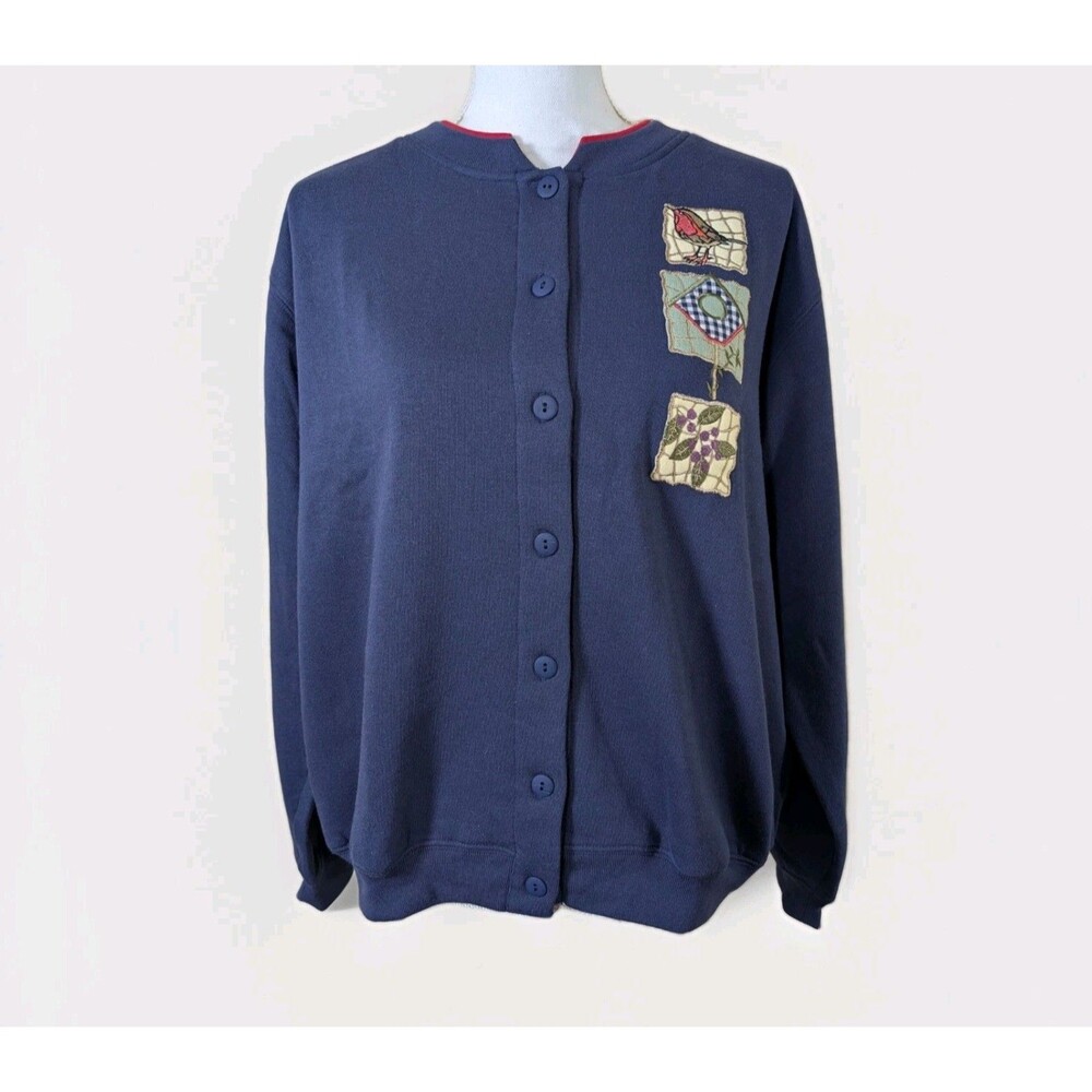 Vintage Ktexco Fleece Cardigan Womens L Blue Patchwork Bird Floral Button Up
